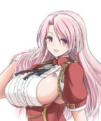 Rule 34 | 1girl, armpit cutout, breasts, clothing cutout, collared shirt, forehead, framed, gloves, highres, kantai collection, large breasts, long hair, looking at viewer, luigi di savoia duca degli abruzzi (kancolle), open mouth, pink eyes, pink hair, red skirt, shirt, short sleeves, simple background, skirt, solo, suke (share koube), upper body, white background, white gloves