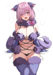 Rule 34 | 1girl, animal ears, bare shoulders, blush, bow, breasts, cleavage, elbow gloves, fake animal ears, fake tail, fate/grand order, fate (series), feet out of frame, fur-trimmed gloves, fur-trimmed legwear, fur collar, fur trim, gloves, hair over one eye, head tilt, highres, large breasts, looking at viewer, mash kyrielight, mash kyrielight (dangerous beast), navel, official alternate costume, open mouth, pink bow, purple eyes, purple thighhighs, revealing clothes, short hair, simple background, sitting, solo, stomach, tail, thigh gap, thighhighs, togo (korlsj1235), white background, wolf ears, wolf tail