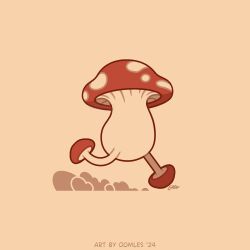 Rule 34 | alt text, brown background, commentary, dungeon meshi, dust, dust cloud, english commentary, highres, mushroom, no humans, oomles, running, simple background, solo, walking mushroom (dungeon meshi)