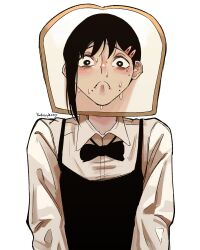 Rule 34 | 1girl, absurdres, apron, artist name, black apron, black bow, black bowtie, black hair, bow, bowtie, bread, chainsaw man, collared shirt, food, food-themed hat, frown, hair ornament, hairclip, higashiyama kobeni, highres, looking at viewer, mole, mole under eye, mole under mouth, multiple moles, pastepiphany, shirt, short hair, simple background, single sidelock, solo, sweat, nervous sweating, white background, white shirt
