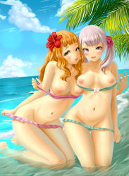 Rule 34 | 2girls, beach, bikini, bikini pull, black clover, blue bikini, blush, breasts, breasts apart, clothes pull, cousins, day, flower, hair ribbon, highres, leaning on person, long hair, looking at viewer, medium breasts, mimosa vermillion, multiple girls, nipples, noelle silva, open mouth, orange hair, outdoors, palm tree, pink eyes, pulling another&#039;s clothes, purple bikini, ribbon, silver hair, smile, swimsuit, tree, twintails, water, wavy mouth, wide hips, yellow eyes