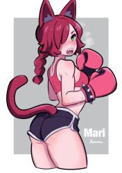 Rule 34 | 1girl, amazu (kurozu), animal ear fluff, animal ears, artist name, ass, bare shoulders, black shorts, boxing gloves, braid, breasts, cat ears, cat girl, cat tail, character name, commentary, from side, grey background, heavy breathing, looking at viewer, looking to the side, mari (amazu), open mouth, original, red hair, sharp teeth, short eyebrows, short shorts, shorts, signature, small breasts, solo, spikes, tail, teeth, thick eyebrows, two-tone background, white background