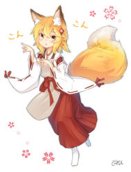 Rule 34 | 1girl, absurdres, animal ear fluff, animal ears, apron, blonde hair, blush, brown apron, chestnut mouth, collarbone, commentary request, coreytaiyo, dated, double fox shadow puppet, flower, fox ears, fox girl, fox shadow puppet, fox tail, full body, hair between eyes, hair flower, hair ornament, hakama, hakama skirt, hand up, highres, japanese clothes, kimono, long hair, long sleeves, looking at viewer, parted lips, red flower, red hakama, ribbon-trimmed sleeves, ribbon trim, senko (sewayaki kitsune no senko-san), sewayaki kitsune no senko-san, signature, simple background, skirt, socks, solo, tabi, tail, white background, white kimono, white socks, wide sleeves, yellow eyes