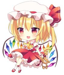 Rule 34 | 1girl, bad id, bad pixiv id, blonde hair, bobby socks, chibi, ascot, fang, flandre scarlet, full body, hat, hat ribbon, crossed legs, looking at viewer, mary janes, mayo (miyusa), mob cap, open mouth, puffy short sleeves, puffy sleeves, red eyes, ribbon, shoes, short hair, short sleeves, side ponytail, simple background, skirt, skirt set, socks, solo, stuffed animal, stuffed toy, teddy bear, touhou, white background, wings, wrist cuffs