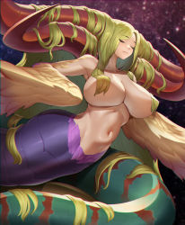 Rule 34 | 1girl, absurdly long hair, armpits, bare shoulders, blonde hair, breasts, breath of fire, breath of fire iii, capcom, closed eyes, closed mouth, collarbone, commentary, covered erect nipples, curled horns, english commentary, engrish commentary, feathered wings, groin, hair on horn, hair over breasts, horns, huge breasts, lamia, long hair, monster girl, multiple horns, myria, navel, niur, nude, paid reward available, parted bangs, perky breasts, sidelocks, sky, solo, star (sky), starry sky, stomach, very long hair, winged arms, wings