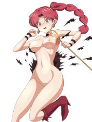 Rule 34 | 1girl, absurdres, breasts, clam curry, cleft of venus, highres, medium breasts, nude, red eyes, red hair, staff (weapon), torn clothes