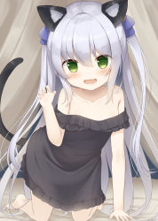 Rule 34 | 1girl, all fours, animal ear fluff, animal ears, arm up, bare shoulders, barefoot, black dress, breasts, cat ears, cat girl, cat tail, character request, claw pose, dress, flower knight girl, grey hair, highres, long hair, looking at viewer, psyche3313, ribbon, small breasts, solo, strapless, strapless dress, tail, two side up, very long hair