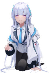 Rule 34 | 1girl, absurdres, black pantyhose, blue archive, blue necktie, breasts, closed mouth, collared shirt, commentary request, grey hair, hair over shoulder, highres, jacket, kneeling, large breasts, lizard0221, long hair, long sleeves, looking at viewer, necktie, no shoes, noa (blue archive), off shoulder, pantyhose, pleated skirt, purple eyes, shirt, simple background, skirt, smile, solo, very long hair, white background, white jacket, white shirt, white skirt