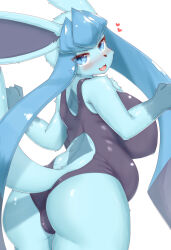 Rule 34 | 1girl, ass, back, belly, blue eyes, blue hair, blush, breasts, cameltoe, cowboy shot, creatures (company), fat, female focus, furry, furry female, game freak, gen 4 pokemon, glaceon, heart, highres, horokusa (korai), huge breasts, looking at viewer, looking back, matching hair/eyes, nintendo, one-piece swimsuit, open mouth, plump, pokemon, shiny skin, smile, solo, swimsuit, tail, thick thighs, thighs, white background, wide hips