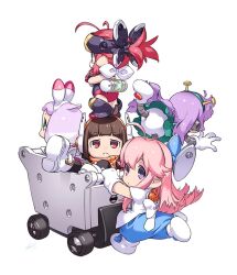 5girls :&lt; ahoge animal_ear_hairband animal_ears antenna_hair apron arched_bangs back_bow bad_id bad_twitter_id battery black_footwear black_gloves black_pantyhose black_shirt bloomers blue_bow blue_dress boots bow brown_hair cart character_request chibi chibi_only closed_mouth combat-san crossed_arms dress fake_animal_ears fake_antennae falling footwear_bow full_body gloves green_dress green_eyes green_hairband hairband headgear hoihoi-san ichigeki_sacchuu!!_hoihoi-san in_cart leg_up long_hair looking_at_viewer mechanical_arms mechanical_legs medium_hair multicolored_hair multiple_girls official_art orange_dress orange_hairband pantyhose pest-x-san pink_hair pointy_ears purple_eyes purple_hair pushing_cart rabbit_ears red_eyes red_hair red_shorts robot_ears shirt short_hair short_ponytail short_sleeves shorts sidelocks simple_background split_mouth standing standing_on_another&#039;s_head standing_on_one_leg tanaka_kunihiko two-tone_hair underwear white_apron white_background white_bloomers white_bow white_footwear white_gloves white_hair white_hairband