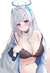 Rule 34 | 1girl, black bra, black choker, blue archive, blush, bra, breasts, choker, cleavage, double strap slip, grey hair, halo, highres, jacket, jacket partially removed, large breasts, long hair, looking at viewer, multicolored clothes, multicolored jacket, navel, noa (blue archive), purple eyes, simple background, smile, solo, stomach, two-tone jacket, underwear, upper body, very long hair, white background, yomi 46neko