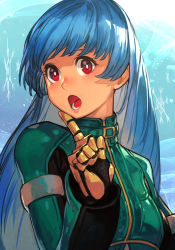 Rule 34 | 1girl, 2022, alternate costume, blue hair, bodysuit, breasts, colored inner hair, evolution championship series, gloves, green bodysuit, hungry clicker, kula diamond, long hair, lower teeth only, multicolored hair, open mouth, red eyes, small breasts, solo, teeth, the king of fighters, the king of fighters xv, white hair, yellow gloves