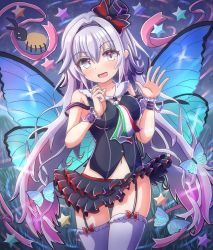 Rule 34 | .live, 1girl, absurdres, blush, breasts, bug, butterfly, butterfly wings, carro pino, commentary request, hat, headband, highres, insect, insect wings, long hair, looking at viewer, medium breasts, navel, open mouth, purple eyes, purple hair, silver s 0119, sleeveless, solo, thighhighs, virtual youtuber, wings