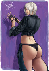 Rule 34 | 1girl, angel (kof), ass, ass cutout, blue eyes, chaps, clothing cutout, fingerless gloves, gloves, grey hair, huge ass, jacket, legs, lipstick, looking at viewer, makeup, midriff, revealing clothes, short hair, snk, solo, the king of fighters, thick thighs, thighs
