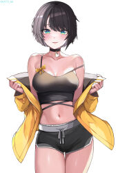 Rule 34 | 1girl, absurdres, bare shoulders, black hair, blue eyes, blush, bob cut, breasts, choker, cleavage, collarbone, highres, hololive, jacket, kkato, looking at viewer, medium breasts, navel, oozora subaru, open clothes, open jacket, ribbon, shirt, short hair, short shorts, shorts, sleeveless, sleeveless shirt, smile, smirk, solo, thigh gap, thighs, virtual youtuber, white background