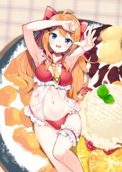 Rule 34 | 1girl, :d, ahoge, aitti (vtuber), arm up, armpits, bare arms, bare shoulders, bikini, blue eyes, blush, bow, breasts, commentary request, food, frilled bikini, frilled sailor collar, frills, hair bow, highres, in food, indie virtual youtuber, korean commentary, kutata, long hair, looking at viewer, medium breasts, mini person, minigirl, navel, necktie, open mouth, orange hair, outstretched arm, plate, red bikini, red bow, red sailor collar, sailor collar, see-through, short necktie, smile, solo, sweat, swimsuit, very long hair, virtual youtuber, yellow necktie