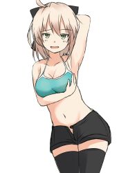 Rule 34 | 1girl, :d, absurdres, ahoge, arm behind head, arm up, armpits, bare shoulders, black bow, black shorts, black thighhighs, blush, bow, breast hold, breasts, cleavage, collarbone, commentary request, crop top, dutch angle, fate/grand order, fate (series), green eyes, hair between eyes, hair bow, highres, koha-ace, light brown hair, long hair, looking at viewer, medium breasts, mitiru ccc2, navel, okita souji (fate), okita souji (koha-ace), open fly, open mouth, short shorts, shorts, simple background, smile, solo, thighhighs, white background