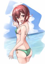 Rule 34 | 1girl, ass, bikini, blue sky, breasts, brown hair, cloud, day, dutch angle, from behind, gradient hair, green bikini, hair between eyes, highres, horizon, kantai collection, looking at viewer, minosu, multicolored hair, mutsuki (kancolle), o-ring, o-ring bikini, ocean, open mouth, outdoors, pointing, red hair, round teeth, short hair, sky, small breasts, smile, solo, swimsuit, teeth, upper teeth only