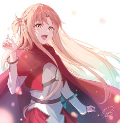 Rule 34 | 1girl, asuna (sao), blonde hair, cape, floating hair, hair between eyes, highres, long hair, long sleeves, okishiro, open mouth, pleated skirt, red cape, red skirt, sheath, sheathed, shirt, signature, simple background, skirt, solo, standing, sword, sword art online, twitter username, very long hair, weapon, white background, white shirt, yellow eyes