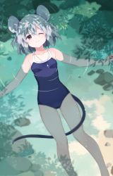 Rule 34 | 1girl, akagashi hagane, animal ears, bare legs, breasts, closed mouth, day, floating, from above, grey hair, hair between eyes, jewelry, looking at viewer, mouse ears, mouse tail, nazrin, one-piece swimsuit, one eye closed, outdoors, outstretched arms, pendant, red eyes, school swimsuit, short hair, small breasts, smile, solo, swimsuit, tail, touhou, water