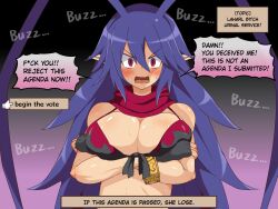 Rule 34 | 1girl, angry, bikini, bikini top only, blue hair, blush, breasts, clothes, disgaea, dismania (xenoman), english text, female focus, highres, laharl-chan, long hair, looking at viewer, medium breasts, open mouth, pointy ears, red eyes, solo, speech bubble, swimsuit