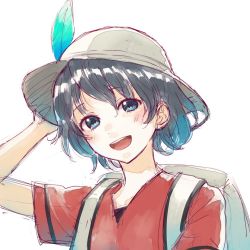 Rule 34 | 10s, 1girl, :d, backpack, bag, black hair, blue eyes, blush, bucket hat, commentary, eyelashes, hair between eyes, hand on headwear, hat, hat feather, head tilt, inumoto, kaban (kemono friends), kemono friends, looking at viewer, no gloves, nostrils, open mouth, red shirt, shirt, short hair, short sleeves, simple background, sketch, smile, solo, tareme, teeth, upper body, upper teeth only, white background