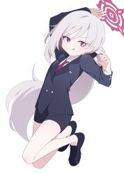Rule 34 | 1girl, absurdres, black footwear, black shorts, blue archive, blush, closed mouth, collared shirt, formal, full body, grey hair, hagoonha, halo, highres, long hair, long sleeves, looking at viewer, mutsuki (blue archive), mutsuki (suit) (blue archive), necktie, official alternate costume, purple eyes, red halo, red necktie, shirt, shoes, shorts, sidelocks, simple background, smile, solo, suit, tongue, tongue out, white background, white shirt