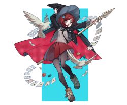 Rule 34 | 1girl, bird, boots, brown eyes, cape, card, danganronpa (series), dove, full body, hair ornament, hairclip, hat, highres, holding, holding hat, holding staff, danganronpa v3: killing harmony, open mouth, pantyhose, pleated skirt, red hair, short hair, skirt, solo, staff, unagi (515816703), witch hat, yumeno himiko