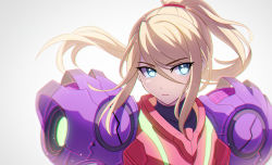 Rule 34 | 1girl, backlighting, blonde hair, blue eyes, enni, gravity suit (metroid), highres, looking to the side, metroid, metroid dread, mole, mole under mouth, neon trim, nintendo, ponytail, power suit, samus aran, serious, solo, upper body