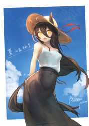 Rule 34 | 1girl, absurdres, ahoge, animal ears, arms behind back, black hair, black skirt, breasts, cloud, day, hair between eyes, hat, hat ribbon, highres, horse ears, horse girl, horse tail, long hair, looking at viewer, manhattan cafe (umamusume), multicolored hair, open mouth, outdoors, red ribbon, ribbon, rottenpizza, skirt, sky, small breasts, solo, sun hat, tail, tank top, twitter username, umamusume, white hair, white tank top, yellow eyes