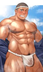 Rule 34 | 1boy, abs, armpit hair, armpit hair peek, bara, bare pectorals, blush, bright pupils, bulge, buzz cut, come hither, covered penis, feet out of frame, fundoshi, grey hair, grin, hachimaki, happi, headband, highres, japanese clothes, kansuke (kansuke 717), kimono, large pectorals, leg hair, long sideburns, looking at viewer, male focus, male pubic hair, mature male, muscular, muscular male, navel, navel hair, nipples, open clothes, open kimono, original, outstretched arms, pectorals, pubic hair, pubic hair peek, seductive smile, see-through, short hair, sideburns, smile, solo, sparse navel hair, spread arms, standing, steaming body, stomach, strongman waist, summer festival, sweat, thick thighs, thighs, undressing, very short hair, very sweaty, wet, wet clothes, wet fundoshi
