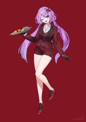 Rule 34 | 1girl, absurdres, black gloves, blazer, blush, breasts, cherry blossoms, collarbone, collared shirt, dot nose, feet, food, full body, gloves, green eyes, hair behind ear, high heels, highres, holding, holding tray, invisible floor, jacket, legs, long sleeves, looking at viewer, nemoto yuuma, nijisanji, omelet, omurice, one eye closed, open clothes, open jacket, open mouth, purple hair, red background, red footwear, red jacket, red shorts, red vest, sakura ritsuki, salad, shirt, shorts, signature, simple background, small breasts, solo, standing, swept bangs, thighs, tongue, tray, twintails, vest, virtual youtuber, white shirt