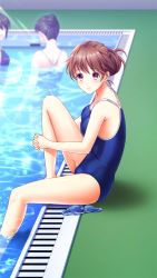 Rule 34 | 1girl, barefoot, blue one-piece swimsuit, brown hair, closed mouth, doukyuusei another world, from side, game cg, hugging own legs, interlocked fingers, kakyuusei, minamizato ai, official art, one-piece swimsuit, poolside, red eyes, school swimsuit, shiny skin, short hair, sitting, smile, soaking feet, solo focus, swimsuit