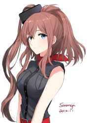 Rule 34 | 10s, 1girl, 2016, bare shoulders, belt, black shirt, blouse, blue eyes, breasts, brown hair, character name, dated, eyebrows, hair between eyes, jpeg artifacts, kantai collection, long hair, looking at viewer, medium breasts, morinaga miki, neckerchief, pocket, ponytail, red belt, red neckerchief, saratoga (kancolle), saratoga mk ii (kancolle), shirt, side ponytail, simple background, smile, solo, upper body, white background
