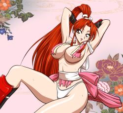 Rule 34 | 1girl, armpits, arms behind head, breasts, brown eyes, brown hair, fatal fury, hair ribbon, highres, large breasts, legs, long hair, open mouth, ribbon, shiranui mai, sitting, smile, snk, solo, sweat, the king of fighters, thighs, thong, torn clothes, underboob