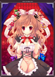 Rule 34 | 10s, 1girl, 2012, argyle, argyle background, argyle clothes, artist name, bad id, bad pixiv id, black gloves, blush, border, breasts, brown hair, cleavage, dress, food, fruit, gloves, hair ribbon, holding, large breasts, long hair, looking at viewer, mitha, original, red eyes, ribbon, solo, star (symbol), strawberry