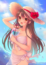 Rule 34 | 10s, 1girl, :d, alternate costume, bad id, bad pixiv id, bikini, bird, black hair, blush, breasts, brown eyes, collarbone, cup, day, drink, drinking glass, drinking straw, hair between eyes, haruna (kancolle), hat, holding, holding cup, kantai collection, large breasts, long hair, mamekosora, ocean, open mouth, seagull, smile, solo, swimsuit, white bikini