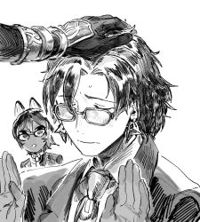 Rule 34 | 2boys, :o, animal ears, arjuna (fate), arjuna alter (fate), arjuna alter (student council president) (fate), blush, closed eyes, closed mouth, collared shirt, constantine xi (fate), curtained hair, dark-skinned male, dark skin, earrings, fate/grand order, fate (series), glasses, gloves, greyscale, hair between eyes, headpat, highres, jacket, jewelry, looking at another, male focus, monochrome, multiple boys, necktie, official alternate costume, open hands, out of frame, qmiqun, romulus quirinus (fate), shirt, short hair, simple background, suit jacket, sweatdrop, white background