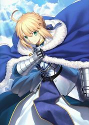 Rule 34 | 1girl, ahoge, armor, armored dress, artoria pendragon (fate), blonde hair, blue ribbon, cape, cloud, crossover, day, fate/grand order, fate (series), gauntlets, green eyes, hair ribbon, looking at viewer, official art, resized, ribbon, saber (fate), sky, smile, solo, takeuchi takashi, upscaled, waifu2x
