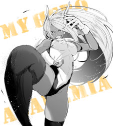 Rule 34 | 1girl, absurdres, animal ears, boku no hero academia, breasts, commentary, copyright name, cowboy shot, dark-skinned female, dark skin, gloves, gluteal fold, greyscale, grin, highres, kicking, large breasts, leotard, long hair, looking at viewer, mirko, monochrome, motion blur, natsupa, parted bangs, rabbit ears, rabbit girl, simple background, sleeveless, smile, solo, standing, standing on one leg, teeth, thighhighs, thighs, toned, white background