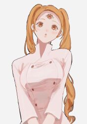 Rule 34 | 1girl, :o, blush, breasts, breasts squeezed together, brown eyes, brown hair, charlotte pudding, drill hair, earrings, flower earrings, hair ornament, highres, jewelry, large breasts, long hair, oh imo, one piece, simple background, solo, third eye, twintails