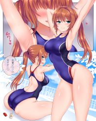 Rule 34 | 1girl, absurdres, arched back, armpits, ass, blue eyes, blush, breasts, brown hair, closed mouth, competition swimsuit, covered navel, cowboy shot, day, from behind, heart, highres, large breasts, long hair, looking at viewer, looking back, lotion, multiple views, natsu (nattiyann), one-piece swimsuit, open mouth, original, outdoors, ponytail, pool, profile, shiny skin, sideboob, sidelocks, sitting, skindentation, smile, speech bubble, sunscreen, swimsuit, thighs