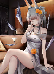 Rule 34 | 1girl, animal ears, arknights, bare legs, breasts, choker, cocktail glass, couch, crossed legs, crystal, cup, dress, drinking glass, flower, frostnova (arknights), grey hair, hair flower, hair ornament, hair over one eye, hairclip, hand up, highres, long hair, looking at viewer, material growth, medium breasts, nail polish, on couch, originium (arknights), oripathy lesion (arknights), pink eyes, ponytail, rabbit ears, ru zhai, scar, scar on face, scar on nose, sitting, sleeveless, sleeveless dress, solo, thighs, white dress