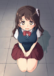 Rule 34 | 1girl, :o, bare legs, blue sweater vest, blush, bow, bowtie, breasts, brown hair, commentary request, highres, idolmaster, idolmaster cinderella girls, kuwahara, large breasts, looking at viewer, one side up, own hands together, pleated skirt, red bow, red bowtie, red skirt, school uniform, seiza, shimamura uzuki, shirt, short sleeves, sitting, skirt, solo, sweater vest, tile floor, tiles, white shirt