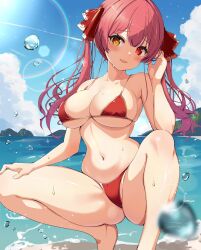 Rule 34 | 1girl, absurdres, bare shoulders, barefoot, beach, bikini, blush, breasts, cleavage, cloud, cloudy sky, collarbone, doskoiichiban, fang, hair between eyes, hair ribbon, heterochromia, highres, hololive, houshou marine, large breasts, long hair, looking at viewer, ocean, open mouth, outdoors, red bikini, red eyes, red hair, red ribbon, ribbon, sky, smile, solo, spread legs, squatting, swimsuit, virtual youtuber, wet, yellow eyes