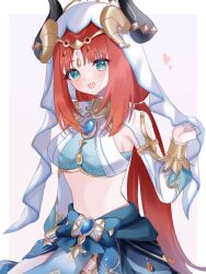 Rule 34 | 1girl, :d, aqua eyes, blue nails, blue skirt, breasts, brooch, commentary request, crop top, fake horns, genshin impact, head tilt, horns, jewelry, kino (curry pan), large breasts, long hair, long sleeves, looking at viewer, midriff, nail polish, neck ring, nilou (genshin impact), no navel, open mouth, red hair, skirt, smile, solo, stomach, veil, very long hair