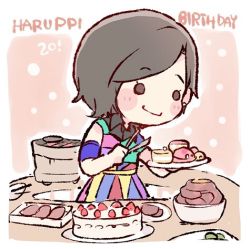 Rule 34 | 1girl, armband, black eyes, black hair, blush stickers, cake, character age, character name, chibi, collared dress, dress, food, grill, happy birthday, hkt48, holding, holding plate, kodama haruka, lowres, meat, multicolored clothes, multicolored dress, o o, plate, real life, shichirin, short hair, smile, solo, taneda yuuta, tongs