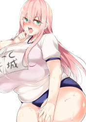 Rule 34 | 1girl, bare legs, blush, breasts, breath, buruma, cowboy shot, cup-chan, embarrassed, female focus, green eyes, gym uniform, hair between eyes, hand on own thigh, hand up, highres, huge breasts, impossible clothes, legs, long hair, looking at viewer, open mouth, pink hair, plump, short sleeves, simple background, solo, standing, sweat, teeth, thick thighs, thighs, upper teeth only, white background