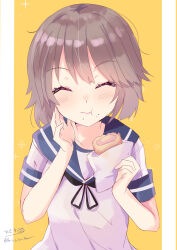 Rule 34 | 1girl, absurdres, artist name, blush, brown hair, closed eyes, facing viewer, food, food in mouth, highres, hizaka, holding, holding food, kantai collection, miyuki (kancolle), one-hour drawing challenge, sailor collar, school uniform, serafuku, short hair, solo, twitter username, upper body, yellow background