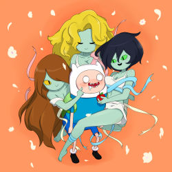 Rule 34 | 1boy, 3girls, adventure time, colored skin, finn the human, fruit witch, green skin, monster girl, multiple girls, witch
